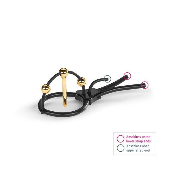 Утяжка для пениса Mystim Plunging Pete, позолоченная, с двумя шариками и коротким уретральным зондом