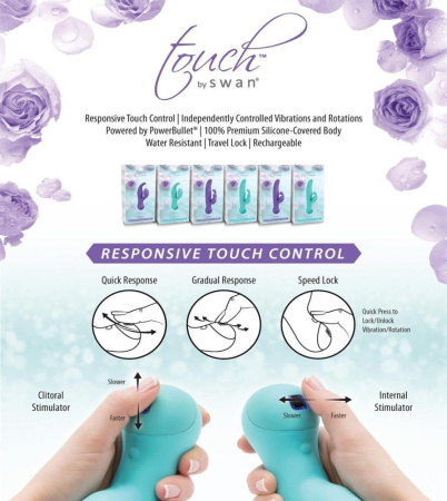 Вибратор-кролик с сенсорным управлением и ротацией Touch by SWAN - Duo Teal, глубокая вибрация || Вібратор-кролик з сенсорним управлінням і ротацією Touch by SWAN - Duo Teal, глибока вібрація