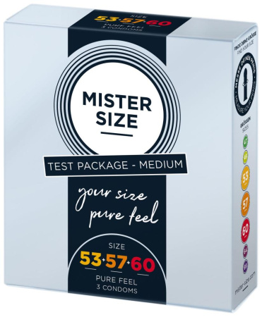 Набор презервативов Mister Size - pure feel - 53–57–60 (3 condoms), 3 размера, толщина 0,05 мм || Набір презервативів Mister Size - pure feel - 53–57–60 (3 condoms), 3 розміри, товщина 0,05 мм
