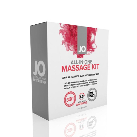 Набор для массажа JO ALL IN ONE MASSAGE GIFT SET: разогревающий гель, массажер и свеча || Набір для масажу JO ALL IN ONE MASSAGE GIFT SET: розігрівальний гель, масажер і свічка