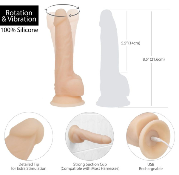 Фаллоимитатор с вибрацией и ротацией Naked ADDICTION James 8″ Rotating & Vibrating Dong, пульт ДУ