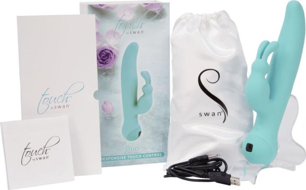 Вибратор-кролик с сенсорным управлением и ротацией Touch by SWAN - Duo Teal, глубокая вибрация