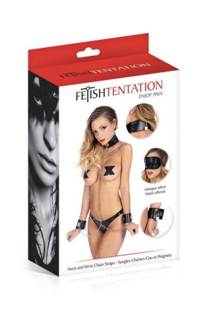 Ошейник с наручниками и цепочкой Fetish Tentation Neck and Wrist Chain Straps с маской на глаза || Нашийник з наручниками і ланцюжком Fetish Tentation Neck and Wrist Chain Straps з маскою на очі
