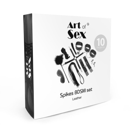 BDSM-набор Art of Sex – Spikes BDSM Set Leather, 10 предметов, черный, натуральная кожа || BDSM-набір Art of Sex – Spikes BDSM Set Leather, 10 предметів, чорний, натуральна шкіра
