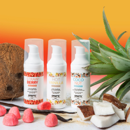 Набор разогревающих массажных масел EXSENS Lets Travel (3х30 мл): кокос, клубника и ваниль || Набір розігрівальних  масажних олій EXSENS Lets Travel (3х30 мл): кокос, полуниця і ваніль