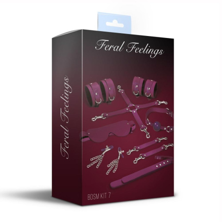 Набор Feral Feelings BDSM Kit 7 Burgundy, наручники, поножи, коннектор, маска, паддл, кляп, зажимы || Набір Feral Feelings BDSM Kit 7 Burgundy, наручники, поножі, конектор, маска, падл, кляп, затискачі