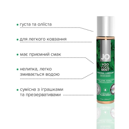 Смазка на водной основе JO H2O — Cool Mint (30 мл) без сахара, растительный глицерин || Змазка на водній основі JO H2O — Cool Mint (30 мл) без цукру, рослинний гліцерин