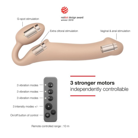 Безремневой страпон с вибрацией Strap-On-Me Vibrating Flesh M, диаметр 3,3см, пульт ДУ, регулируемый || Безремінний страпон з вібрацією Strap-On-Me Vibrating Flesh M, діаметр 3,3см, пульт ДК, регульований