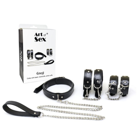 Набор BDSM Art of Sex - Emoji, наручники, поножи, ошейник с поводком, экокожа, черный || Набір BDSM Art of Sex - Emoji, наручники, поножі, нашийник з повідцем, екошкіра, чорний