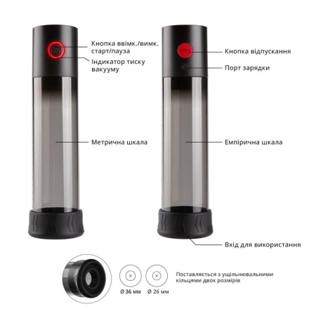 Автоматическая вакуумная помпа Otouch MACHO WORK 1, 2 кольца 26 мм и 36 мм, LED-индикатор, до 20 см || Автоматична вакуумна помпа Otouch MACHO WORK 1, 2 кільця 26 мм та 36 мм, LED-індикатор, до 20 см