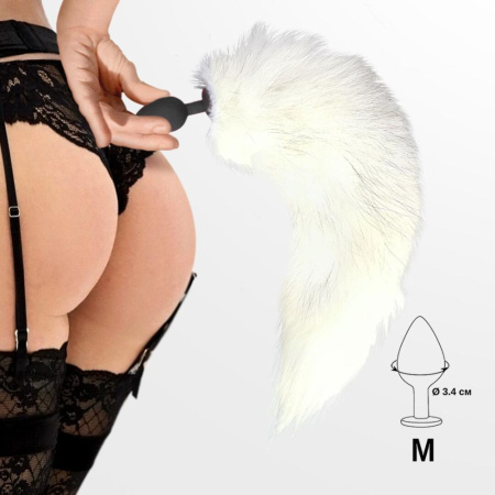 Силиконовая анальная пробка с хвостом из натурального меха Art of Sex size M White fox || Силіконова анальна пробка з хвостом із натурального хутра Art of Sex size M White fox