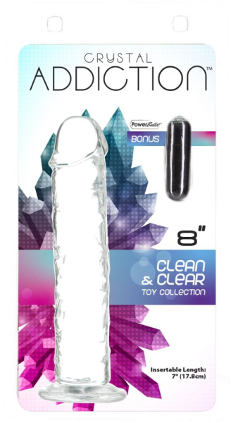Прозрачный фаллоимитатор ADDICTION Vertical Dong 8″, присоска, диаметр 3,8 см, вибропуля в подарок