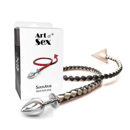 Металлическая анальная пробка S с дьявольским хвостом Art of Sex - Succubus, экокожа, черный/золото || Металева анальна пробка S з диявольським хвостом Art of Sex - Succubus, екошкіра, чорний/золото