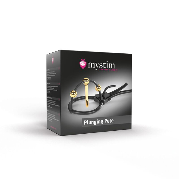 Утяжка для пениса Mystim Plunging Pete, позолоченная, с двумя шариками и коротким уретральным зондом