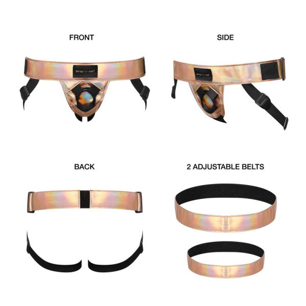 Трусы для страпона Strap-On-Me Leatherette Harness Curious  Holographic Rose Gold