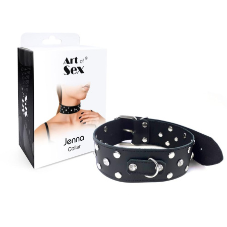 Ошейник из натуральной кожи с заклепками и стразами Art of Sex - Jenna Collar, Черный || Нашийник з натуральної шкіри із заклепками та стразами Art of Sex - Jenna Collar, Чорний